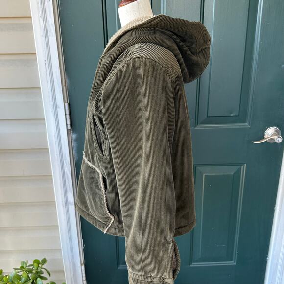 Vintage J. Crew Heavy Corduroy Sherpa Barn Jacket Sz M Olive Convertible Hood - Picture 5 of 9